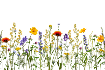 Summer composition. A border of wildflowers and herbs isolated on a white background. Floral horizontal composition, border.