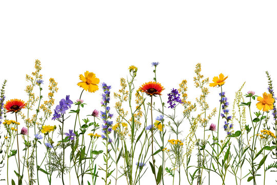 Summer composition. A border of wildflowers and herbs isolated on a white background. Floral horizontal composition, border.