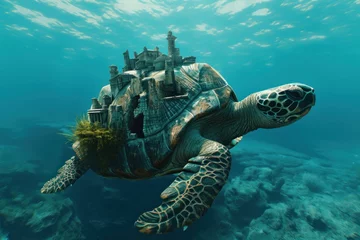 Fotobehang a turtle swimming under water with a castle on top © sam