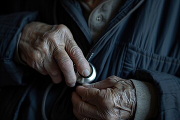 Doctor examining senior woman patient with stethoscope. Health care and medical service. Close up of an elderly woman's hands holding a stethoscope A close-up photograph of a doctor's hands.
