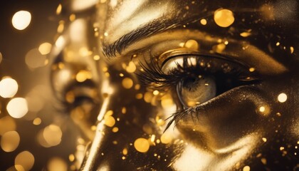 Close-up of a person’s face artistically covered in golden paint, highlighted by sparkling bokeh lights, creating an ethereal effect.