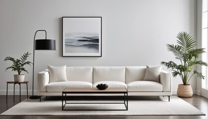 A sleek modern living room boasts a neutral palette, with a large white sofa centered between a stylish floor lamp and an indoor plant. The wall art adds a touch of elegance to the minimalist decor.