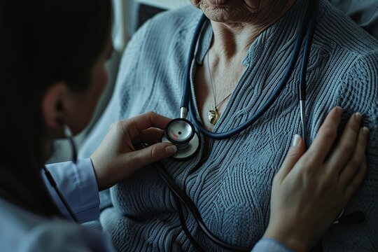 Doctor examining senior woman patient with stethoscope. Health care and medical service. Close up of an elderly woman's hands holding a stethoscope A close-up photograph of a doctor's hands.