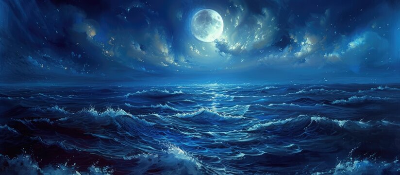 A painting showing a full moon shining bright above the ocean, casting a mesmerizing glow on the water. The serene waves gently reflect the captivating light, creating a tranquil and enchanting scene.