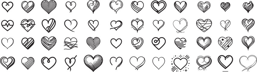 hearts doodle style, collection set, hand drawing one line