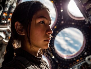 a woman looking out of a spaceship