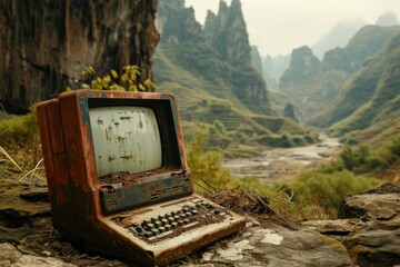 an old computer with a keyboard and a mountain landscape