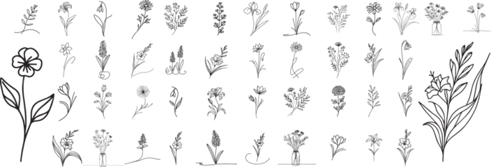 Photo sur Plexiglas Une ligne flowers and herbs doodle style, collection set, hand drawing one line