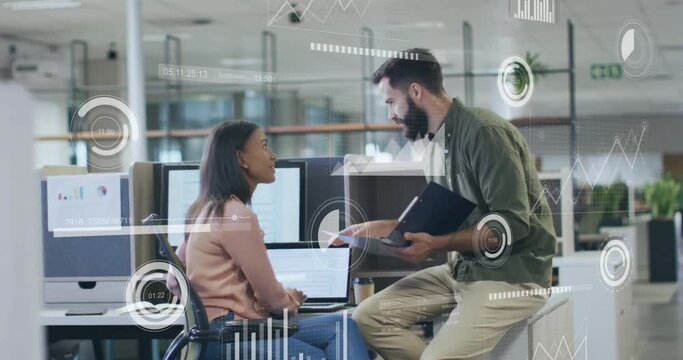 Animation of data processing over diverse male and female colleague discussing at casual office