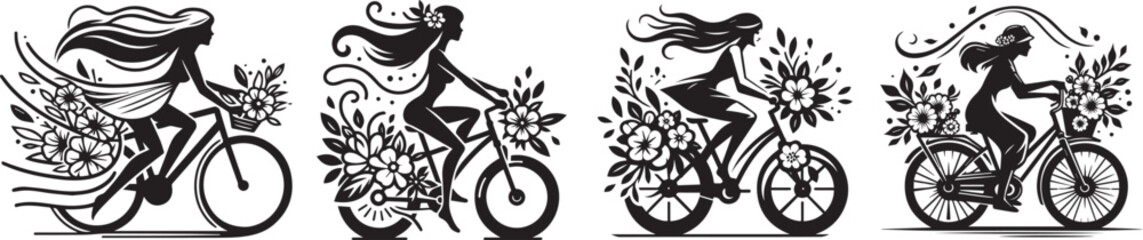 girl riding a bicycle decorated with flowers