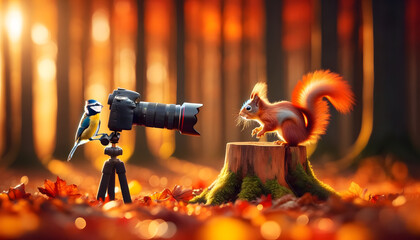 Un oiseau prend en photo un écureuil dans la foret, photo drôle et amusante - obrazy, fototapety, plakaty