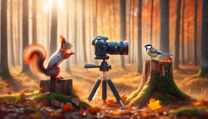 Fotobehang Un écureuil prend en photo un oiseau dans la foret , photo drôle et amusante  © Christophe