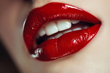 Fototapeta premium Sexy Red Lips close up. Beautiful Perfect Makeup. Beautiful red Lip Gloss. Cosmetic.mouth open, big lips. Cosmetic beauty procedures