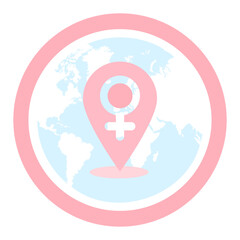 Pink map pin with female symbol on the world.