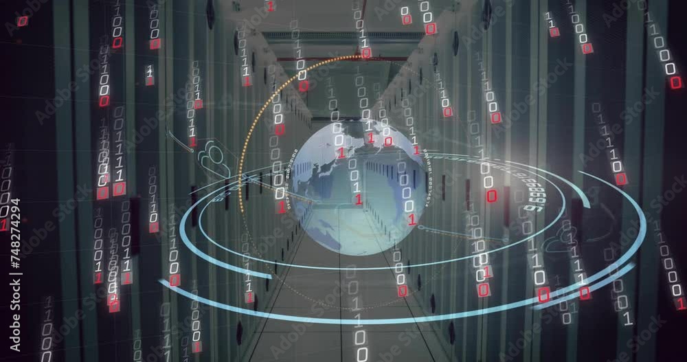 Poster animation of digital data processing, binary coding and globe over computer servers