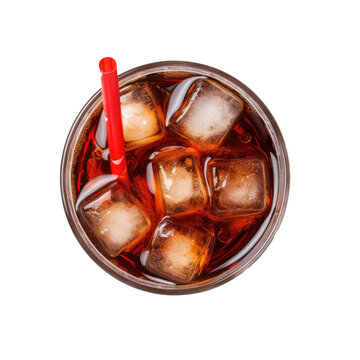 Coke In Glass, Top View Or High Angle Shot Coca Cola With Ice And Drinking Straw, Isolated On Transparent A White Background