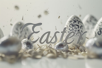 The silver inscription Happy Easter on the background of decorated eggs