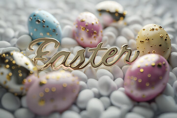 The inscription Happy Easter on the background of decorated eggs