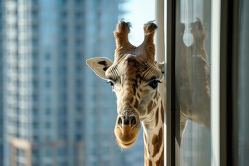a giraffe looking through a window
