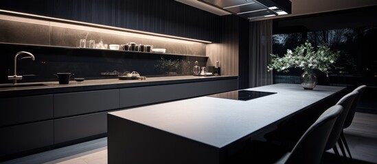 A black and white kitchen featuring a dark countertop with a blurred white background. The image...