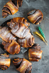 Cinnamon and chocolate rolls on a plate on a dark background, sprinkled with powdered sugar and ears of wheat. View from above, close.