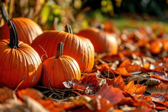 a group of pumpkins and leaves