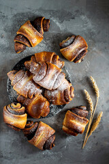 Cinnamon and chocolate rolls on a plate on a dark background, sprinkled with powdered sugar and ears of wheat. View from above.