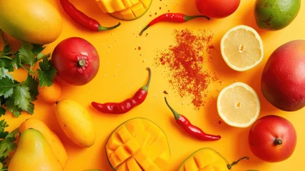 Foto op Canvas Exotic Spices and Fruits Composition,ingredients used in making Mangonadas, including mangoes, chili powder, and chamoy, © Anna