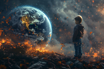 Young Child Gazing at a Fiery Apocalypse With Earth in View