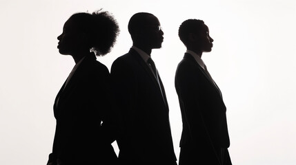 he silhouette of 1 buisness woman and 2 black business man standing confidently, on white background