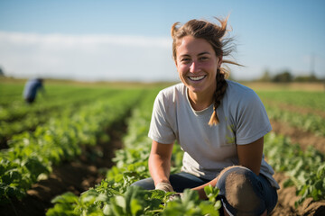 Young women farmer smiling in a field. Young woman on the farm. Farmer at work. Agricultural profession. AI.