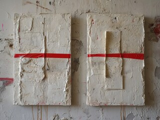 two white rectangular pieces of art with red tape on a white wall