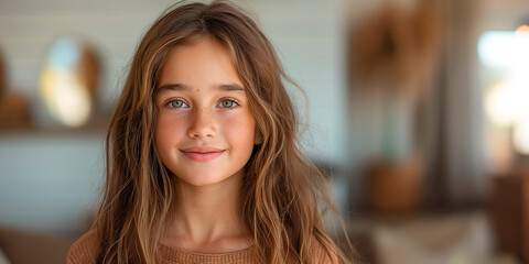 A smiling 12 year old girl with long natural hair poses