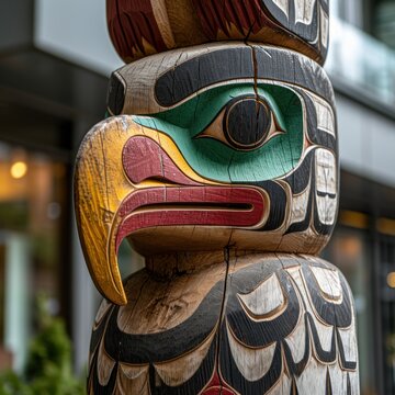 a totem pole with a bird head