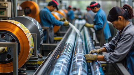workers work on the calendering line at the polyethylene production plant