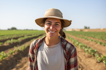 Young women farmer smiling in a field. Young woman on the farm. Farmer at work. Agricultural profession. AI.