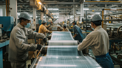 workers work on the calendering line at the polyethylene production plant