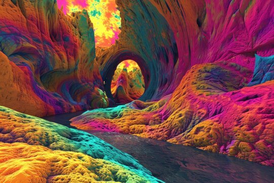 a colorful cave with a river