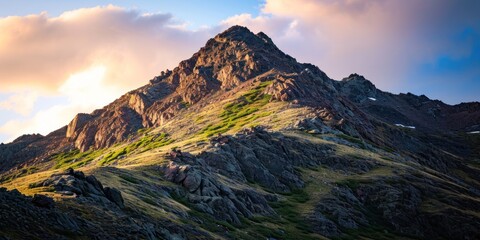 a mountain with grass and rocks - obrazy, fototapety, plakaty