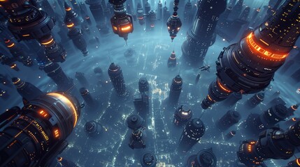 Giant spaceships flying over the blue city, at night, top shot, drone point of view - obrazy, fototapety, plakaty