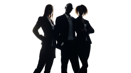 he silhouette of 2 buisness woman and one black business man standing confidently, on white background