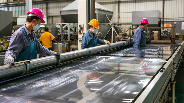 workers work on the calendering line at the polyethylene production plant