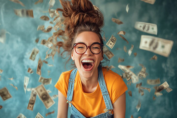 Woman With Glasses Surrounded by Flying Money