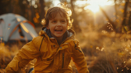 Young boy laughing and running while camping at sunny autumn day. Vacation with children, nature adventure, trip with kids, Family travel and vacation concept. Generative ai