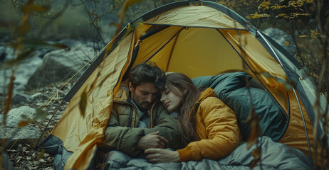 Obraz na płótnie Canvas Spanish couple, woman and man, relaxing inside a camping tent on nature. Concept of outdoor dating, mountaineering, tourist recreation and sport. Generative ai