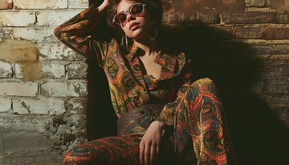 woman wearing vintage retro 60's 70's fashion leaning on brick wall 