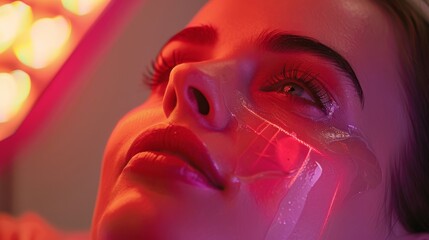 Young woman lying in an infrared therapy room surrounded by soft, undergoing facial therapy with red laser, warm light, blurred bacground. Skin care, cosmetology, anti aging concept. Generative ai