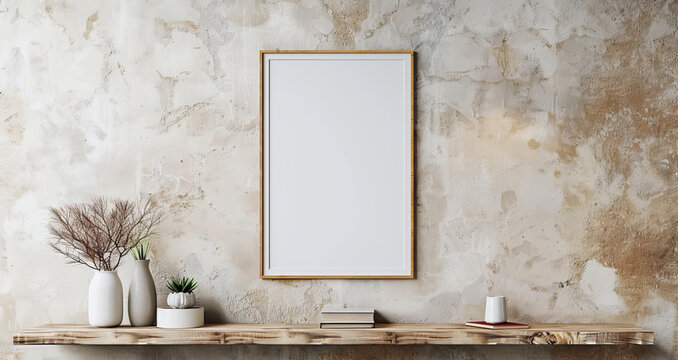 White poster, picture frame mock up on wooden desk, table. Vase with green branches. Elegant working space, home office concept. Scandinavian interior design. Generative ai