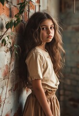 Fototapeta premium a girl leaning against a brick wall