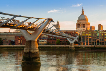 Saint Paul's Cathedral and Millennium Bridge in London in the morning